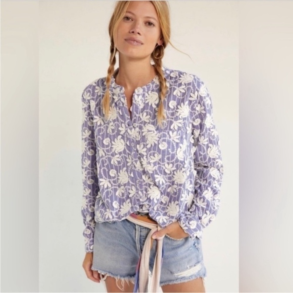 Anthropologie Lilac Floral Embroidered Button Blouse